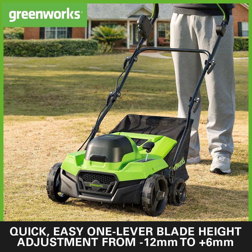 Greenworks 40V Akku Vertikutierer und Rasenharke mit bürstenlosem Motor, 3100 U/min, 38 cm Arbeitsbreite, 5 Tiefen, 45 L Auffangbehälter OHNE Akku & Ladegerät, 3 Jahre Garantie GD40SC38II