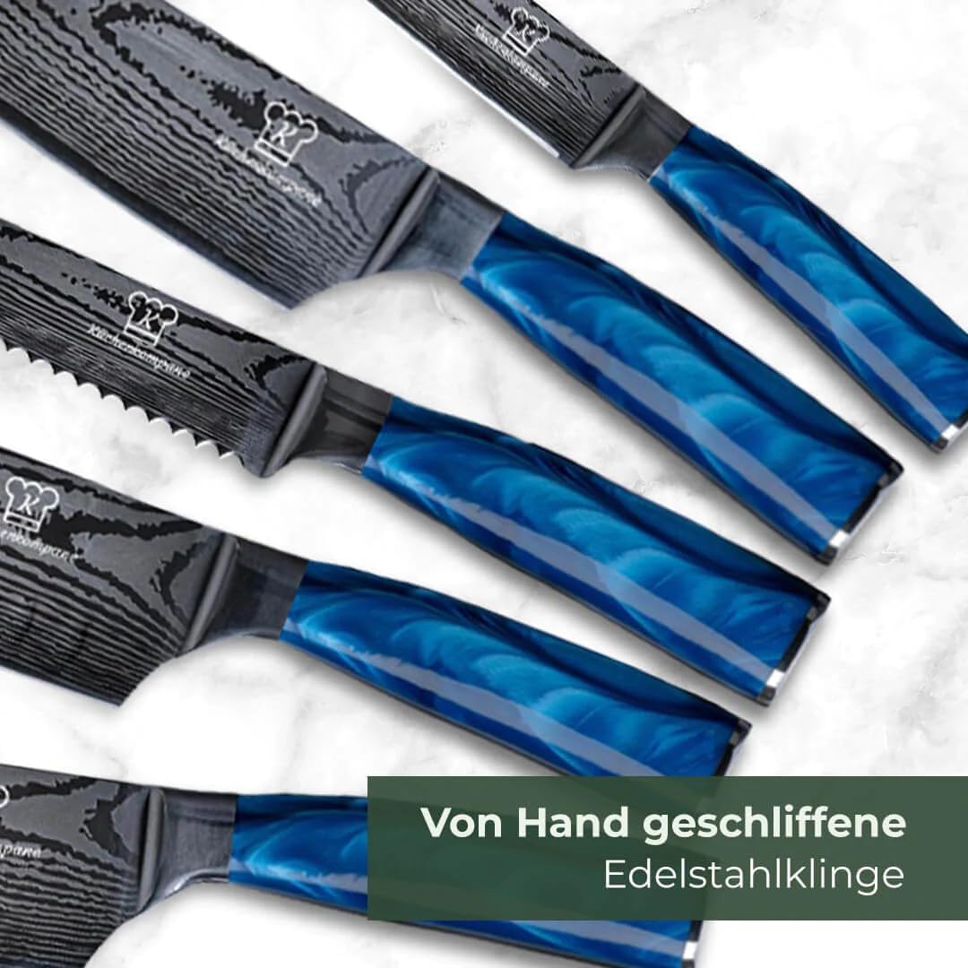 KÜCHENKOMPANE – Edelstahl Messerset Shiburu mit magn. Messerleiste als Messerblock | 8-teiliges Küchenmesser Set im Damast Design | Kochmesser mit ergonomischen Epoxid-Griff | Designed in Germany