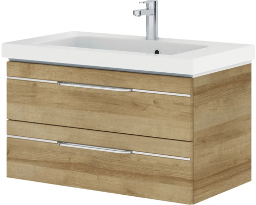 Pelipal Sunline 108 badkamermeubelset, BxHxD 92 x 200 x 50,8 cm, frontkleur: Riviera eiken, 3-delige badkamermeubelset met wastafel en badmeubel van wit mineraalmarmer, spiegelkast met LED-verlichting