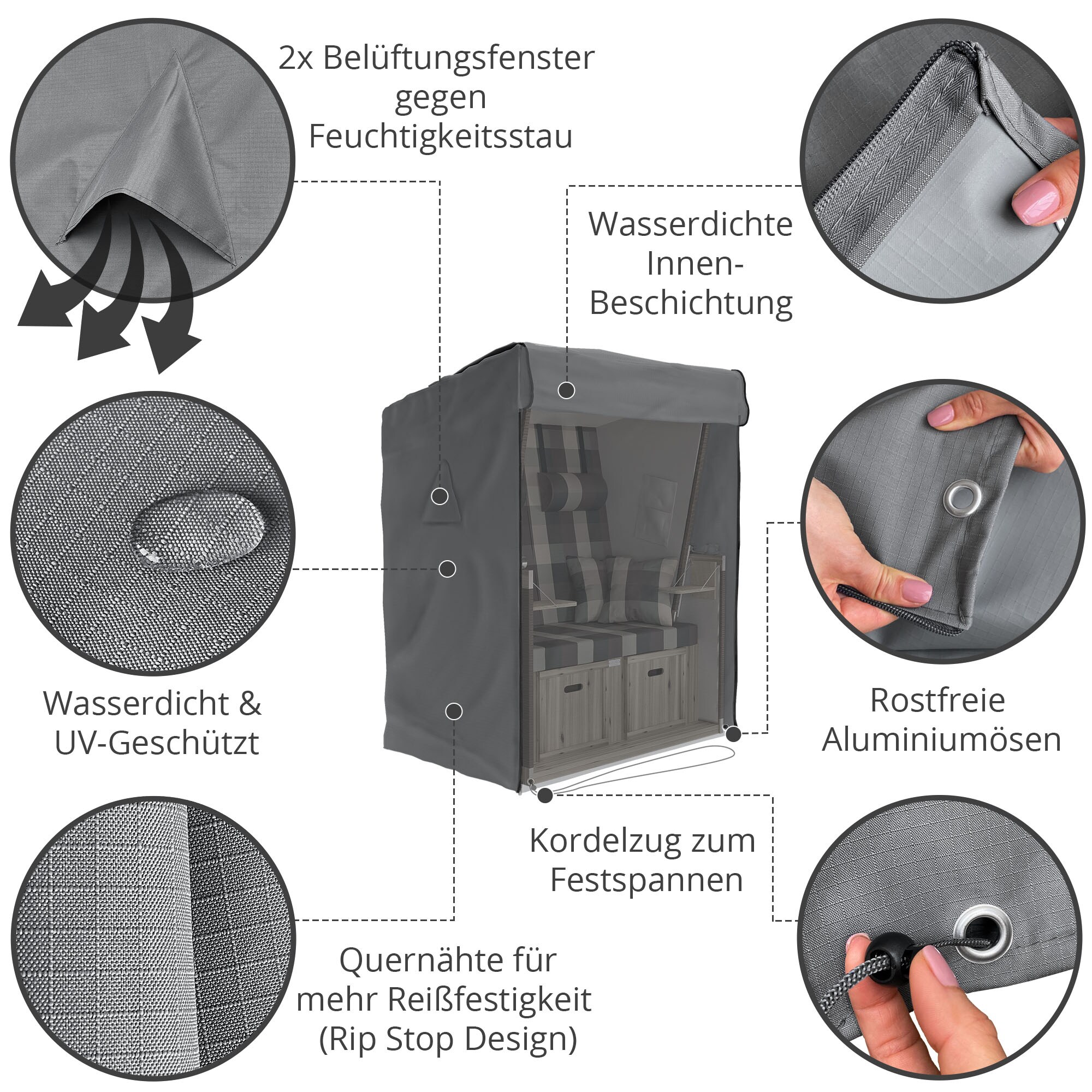 SANZARO Premium Strandkorb Abdeckung mit Ösen Strandkorbhülle | Grau 120 x 90 x 155 cm (BxTxH)
