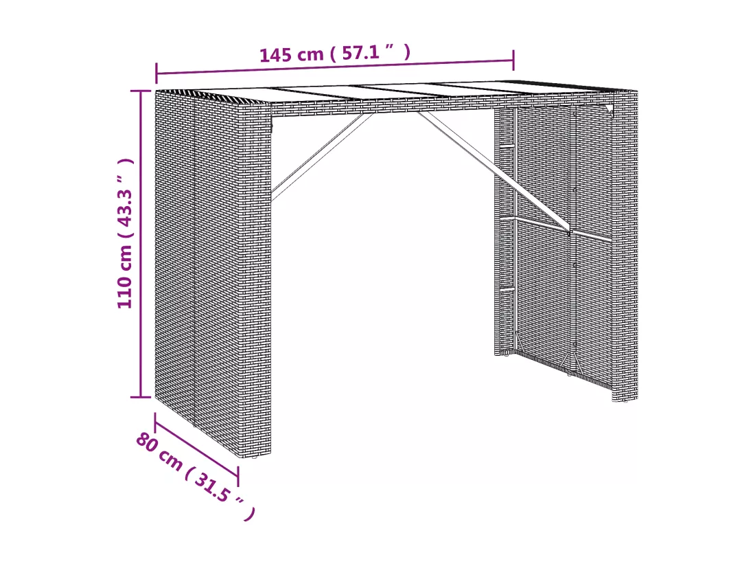 Prolenta Premium - Table de bar et dessus en verre gris 145x80x110 cm poly rotin