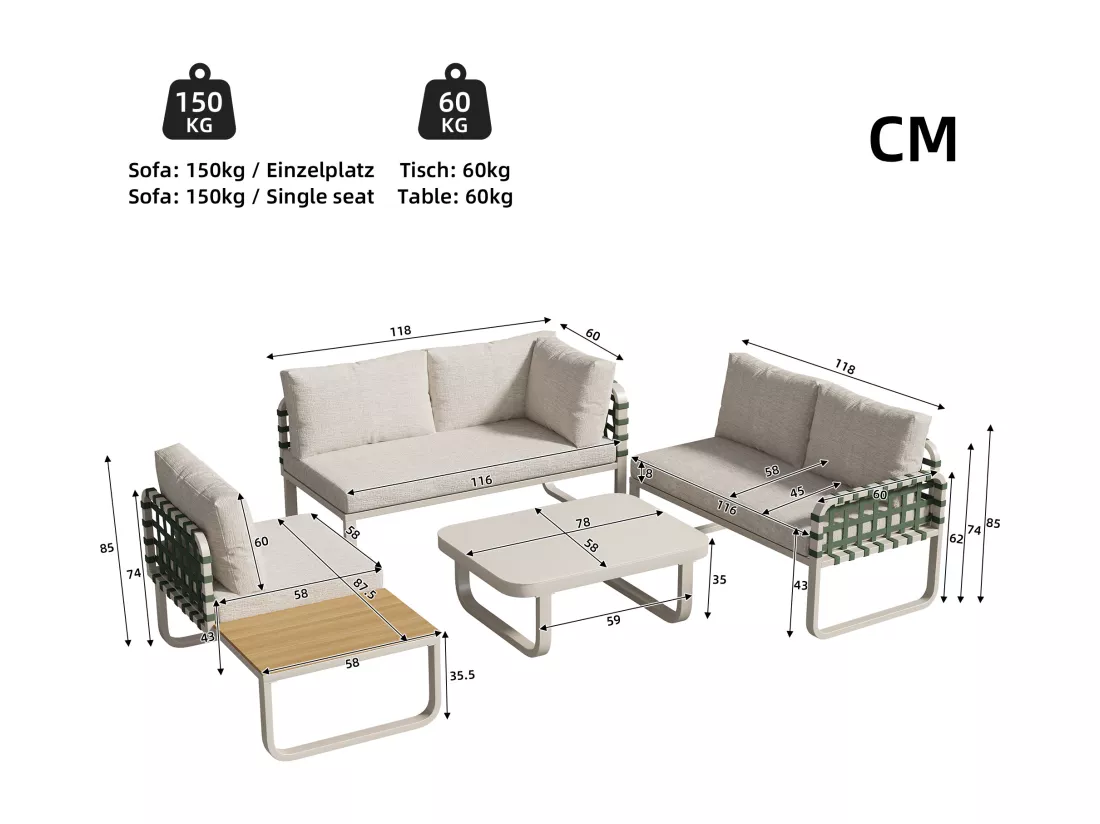 Salon de jardin modulable en fer et corde : 2 canapés 2 places + 1 canapé 1 place + 1 table basse - Abricot