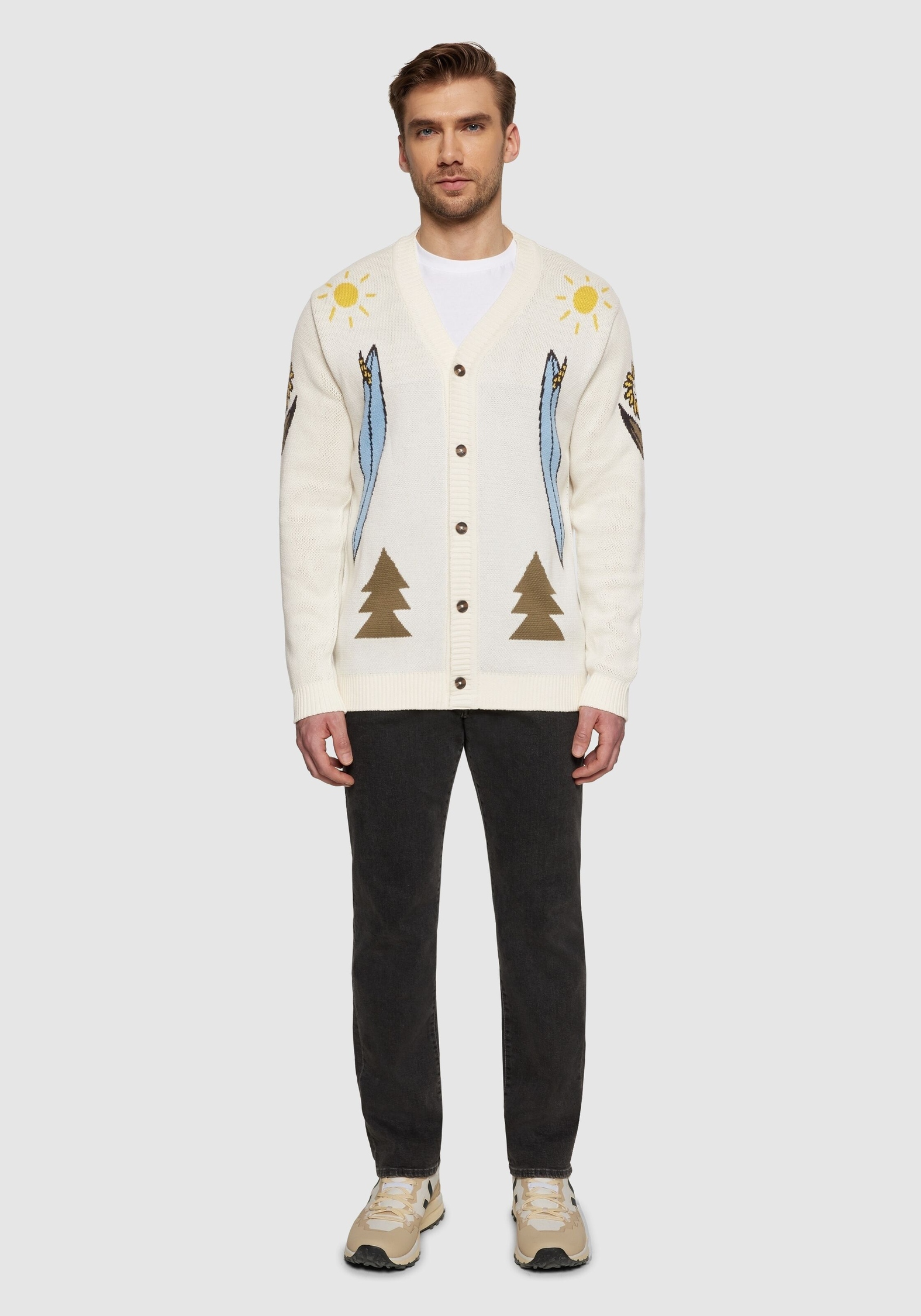 Knowledge Cotton Apparel Cardigan Jacquard Trees Yes Please Egret