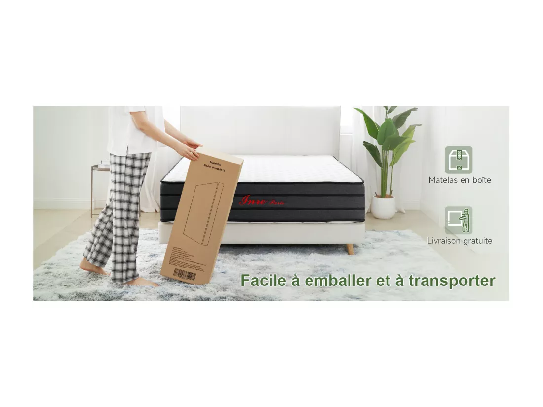 Matelas 140x190 cm INRE Très épais 25 cm Mousse mémoire de forme, Réversible Soutien Parfait, Hypoallergénique