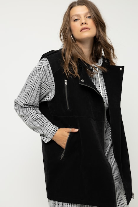 Bikerweste, oversized, Stehkragen, Zipper, Lederoptik