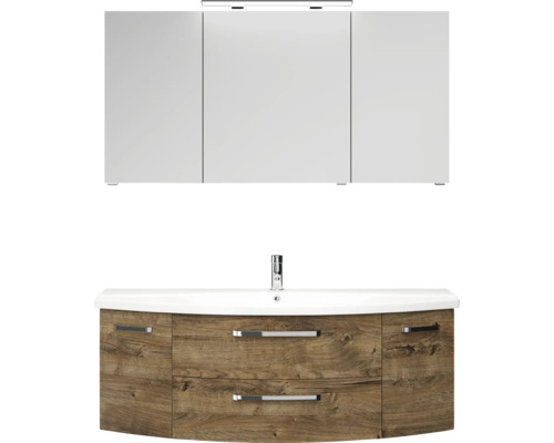 3-delige badkamermeubelset Pelipal xpressline 4010 BxHxD 144 x 200 x 49,5 cm, frontkleur eiken ribbeck, met keramische wastafel in wit en keramische wastafel, wastafelmeubel, spiegelkast met LED-verlichting, greep chroom hoogglans 4010.1400169 401014