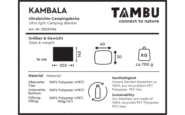 Tambu Kambala Campingdecke Recyceltes Polyester mit integriertem Packsack 203 x 145 cm