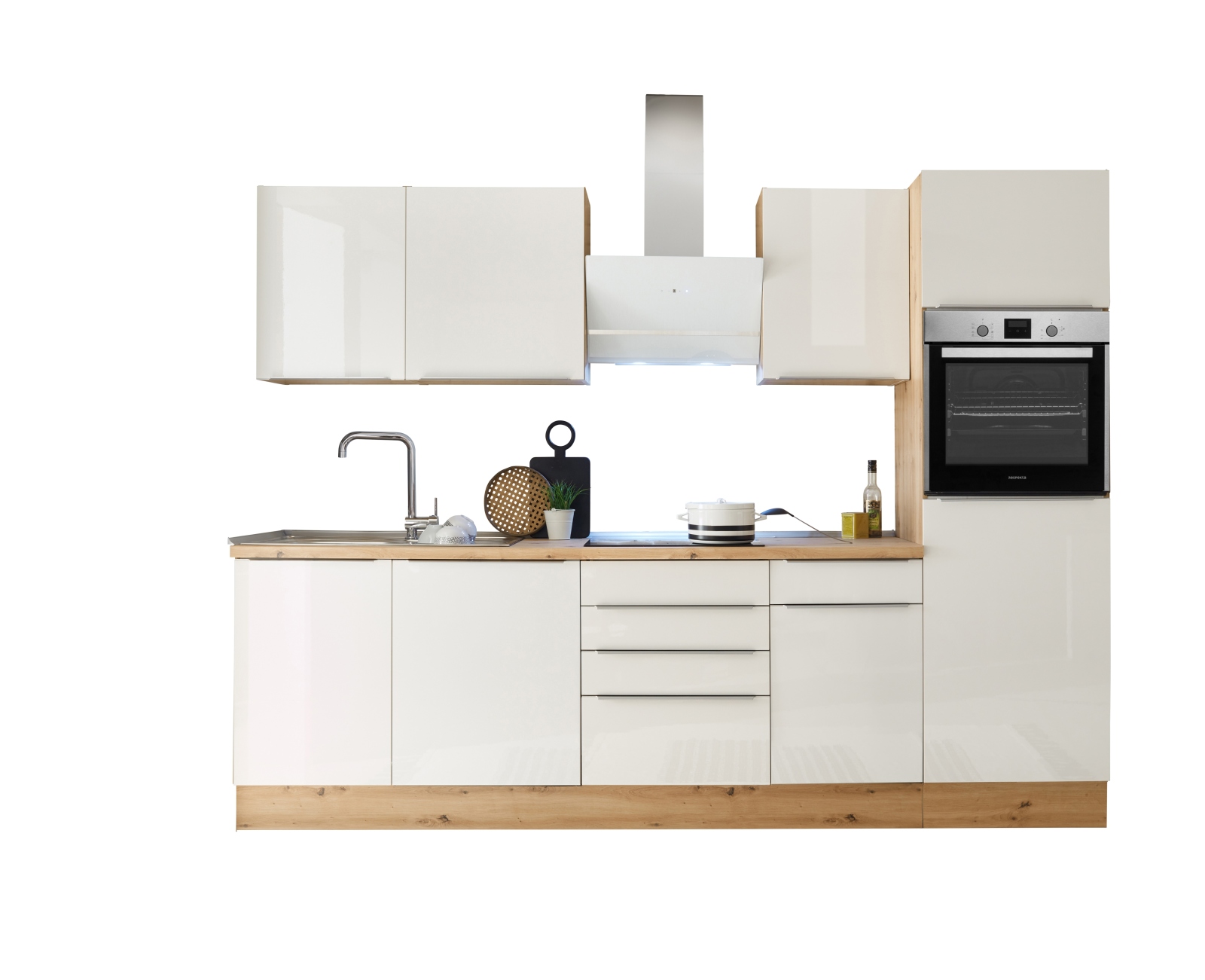 RESPEKTA Küchenblock - weiß Hochglanz-Artisan Eiche Sägerau - mit E-Geräten - 280 cm