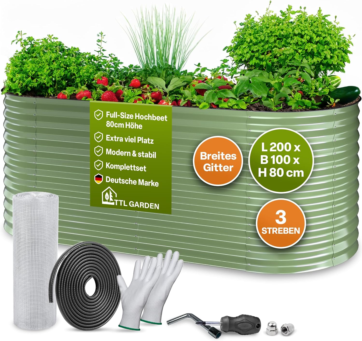 TTL GARDEN 200x100x80cm Inspire L Salbei Metall Hochbeet - Stahl rostfrei verzinkt & grün lackiert Wellblech sehr stabil Garten Beet Form oval für Gemüse Kräuter Blumen Gartenbeet Gemüsebeet