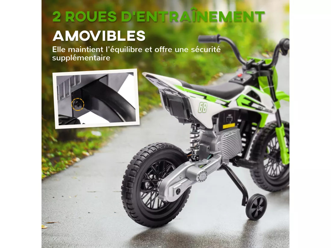 Moto cross électrique dirt bike enfant 12V 2 moteurs 2 vitesses 2,4-5 Km/h musiques vert