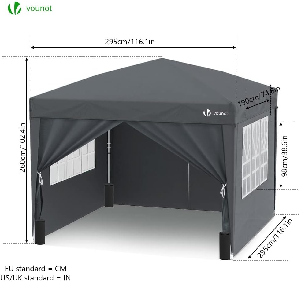 VOUNOT® Pavillon 3x3m mit 4 Seitenteilen & 4 Sandsäcke, Pop Up Faltpavillon, Faltbar Gartenzelt Partyzelt, inkl. Tasche, Grau