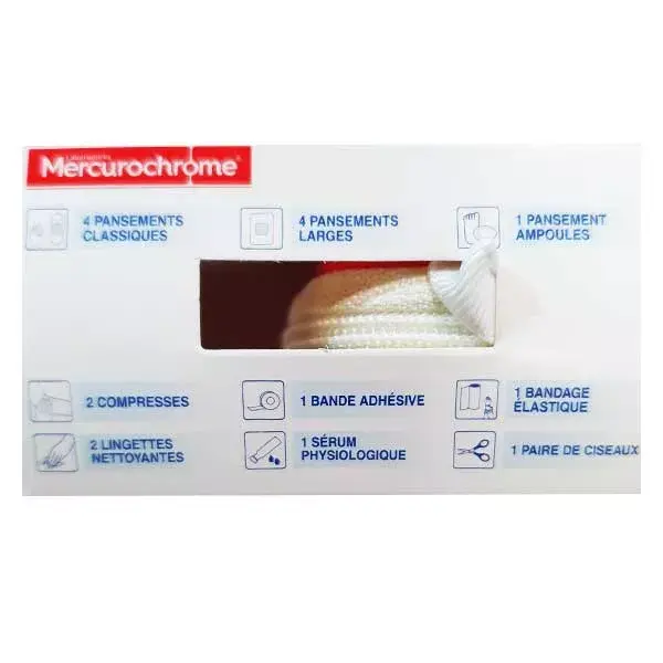 Kit de primeiros socorros para higiene e cuidados com mercurocromo
