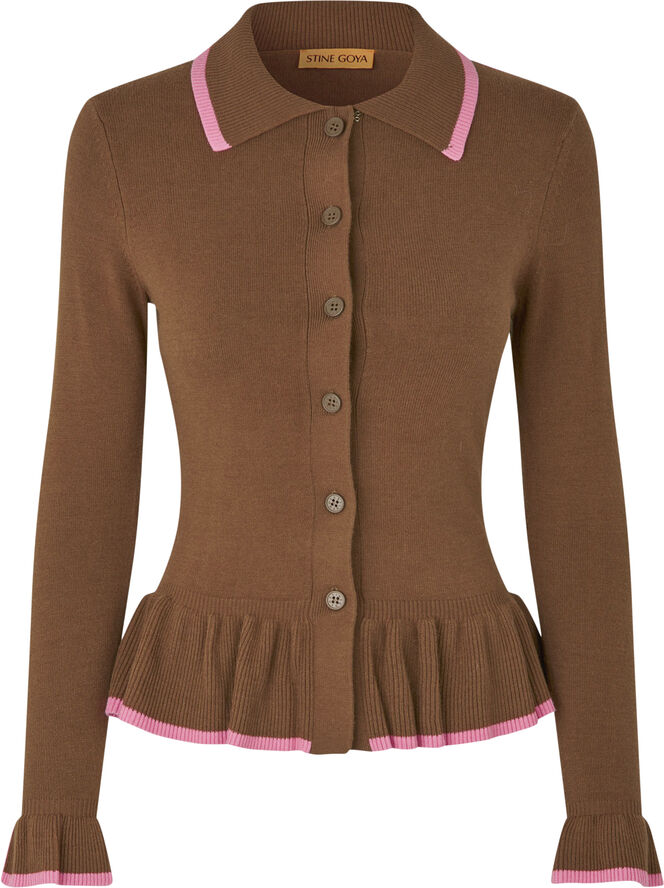 Stine Goya Linear Ruffle Cardigan, 2325 Light Rib Partridge brown