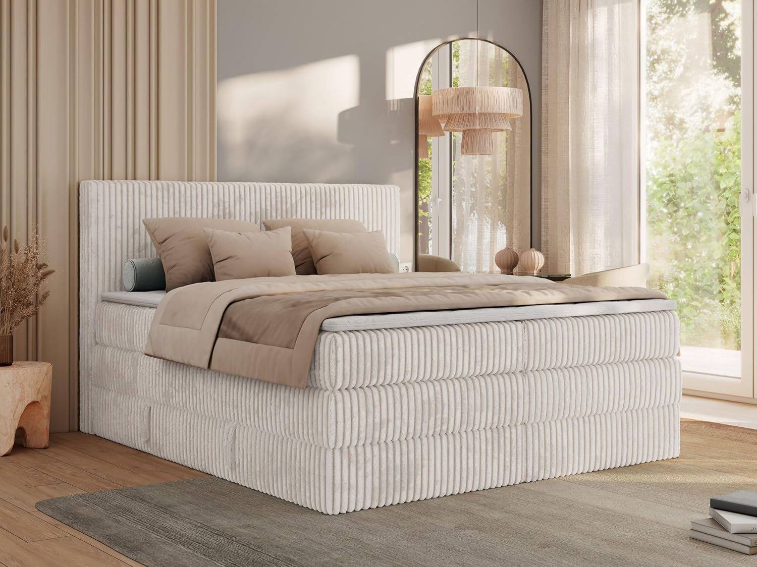 MKS MEBLE Boxspringbett mit Matratze H3, Bett mit Bettkasten und Stauraum, Doppelbett mit Kopfteil, Polsterbett 180x200 mit Topper T25 - Tiliano King - Cord Beige