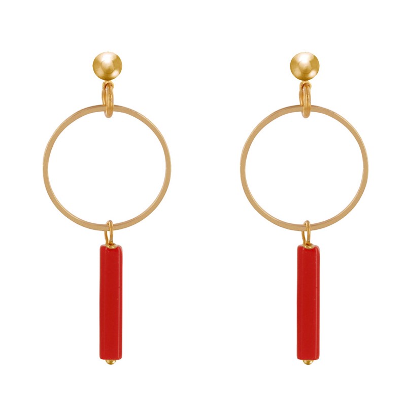 Boucles d'Oreilles Doré Cercle et Perle Rectangulaire Brillante