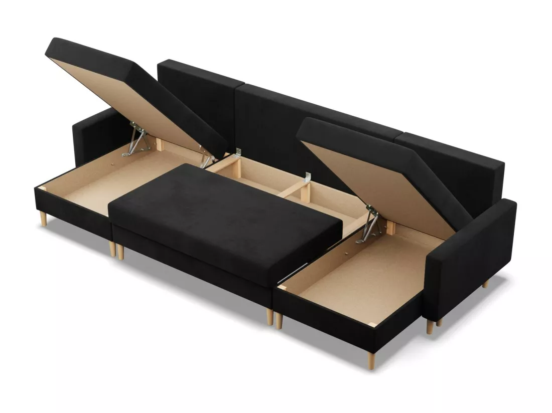 Grand Canapé d'angle en U avec fonction sommeil, Coussin réversible, Noir