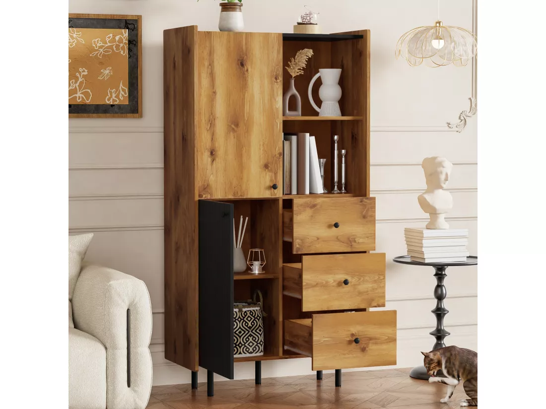 Vitrine H 160cm - avec 2 portes、3 tiroirs et 2 compartiments - Noir & Naturel