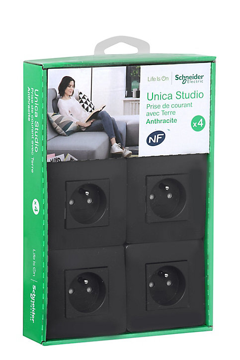 Prise avec terre complète Schneider Electric Unica Déco anthracite, lot de 4
