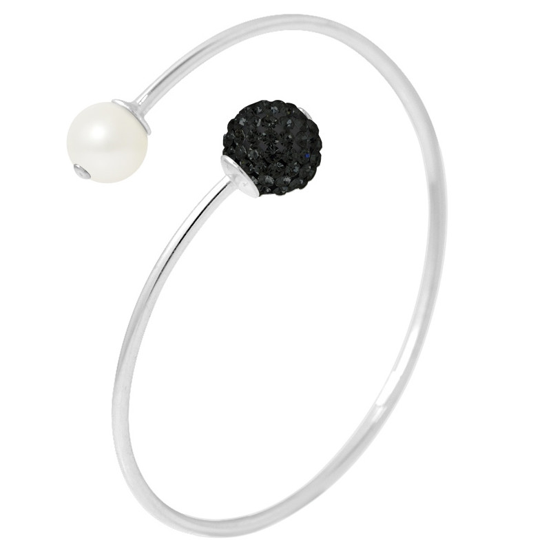 Bracelet Bangle en Argent 925 et Perle de culture et Cristal Noir
