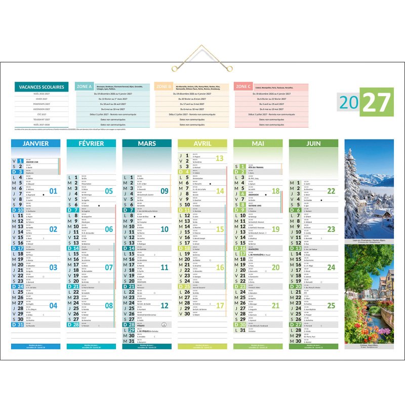 Calendrier semestriel mural 2027 - 4 saisons - 40,5 x 55 cm
