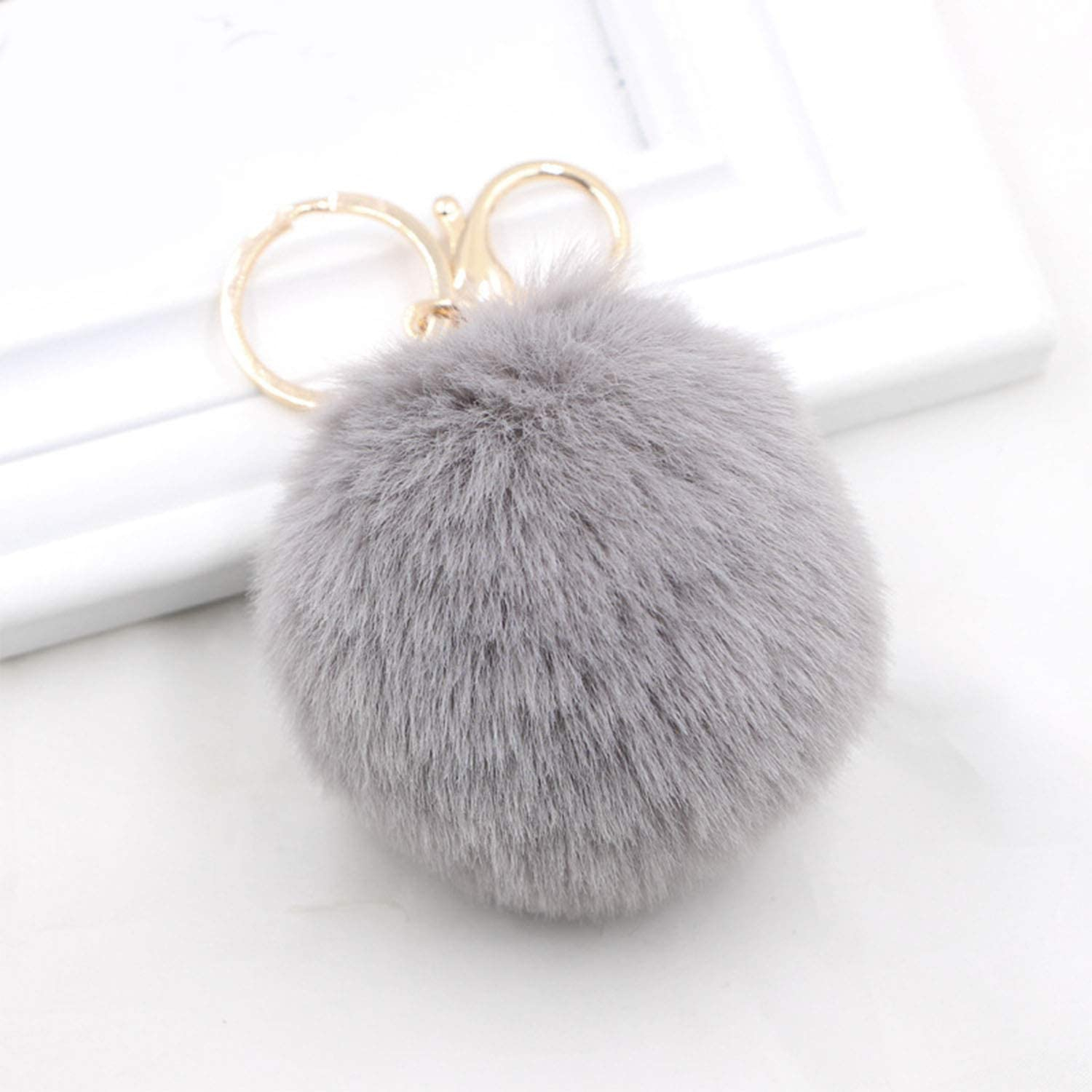 Pompom Schlüsselanhänger Handtaschen Accessoire mit Spaltring   Trigger Verschluss - Grau / Gold