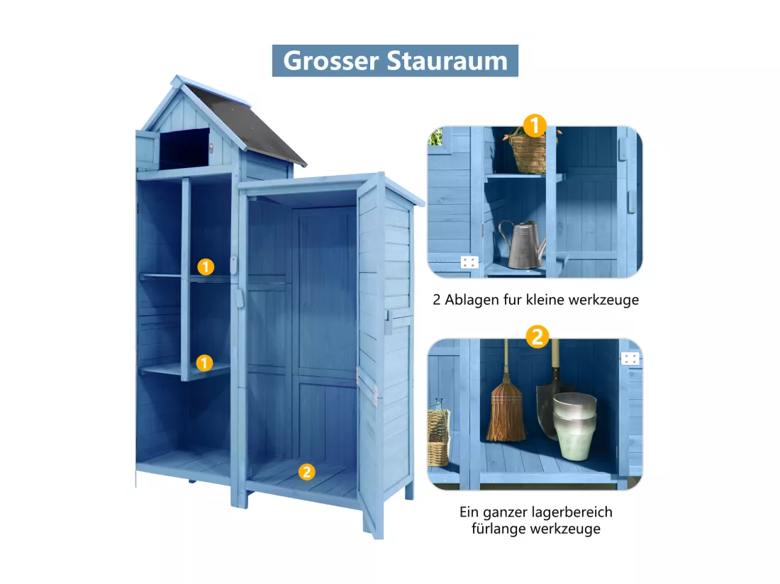 Abri de jardin en bois massif avec toit pente en PVC - 2 étagères 3 portes loquets - L118 x P54 x H173 cm - Bleu