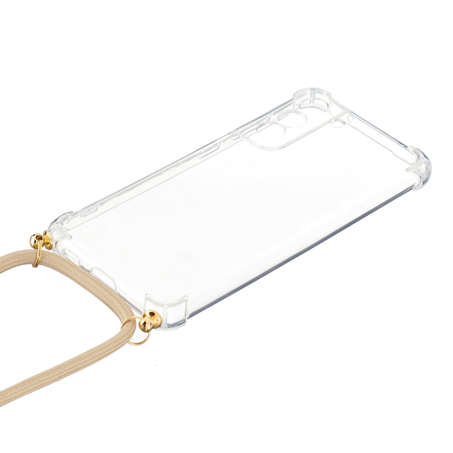 Samsung Galaxy S21 FE 5G Necklace Gummi Hülle Air Cushion Fallschutz   Handykette (150cm) - Beige / Gold