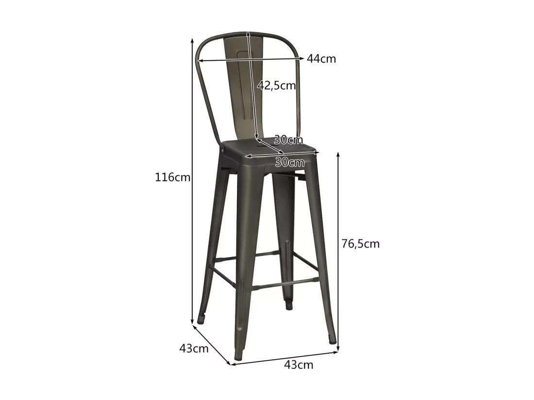 Lot 4 tabourets de bar empilable en métal avec dossier amovible, hauteur d'assise 76,5 cm