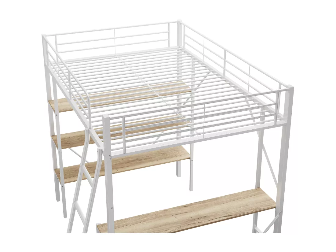 Lit mezzanine en fer - 90x200cm - avec bureau et 3 étagères - Blanc