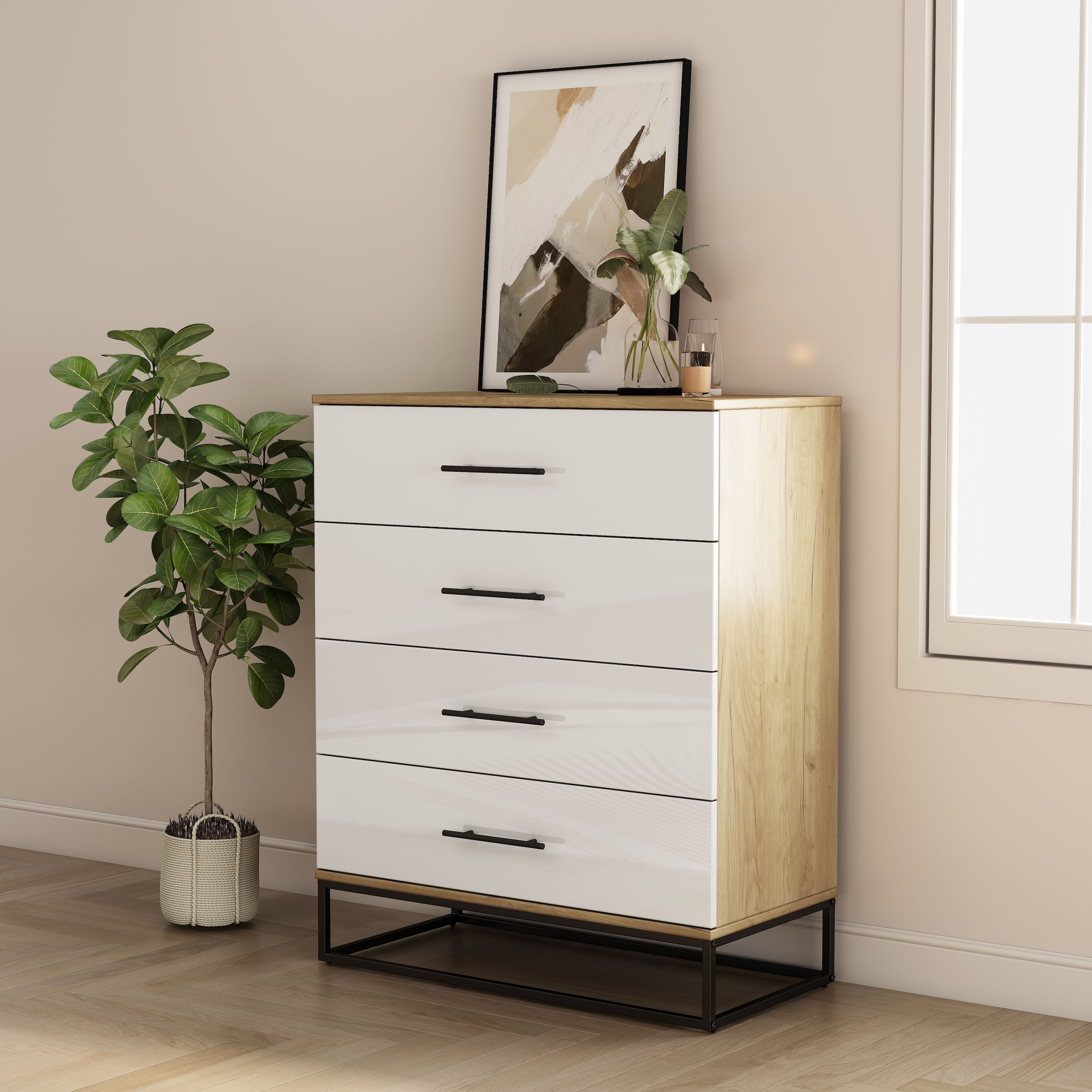 GOODproduct Schubkastenkommode »Lucca Sideboard mit schwarzen Griffen 4 Schubladen Kufengestell« Hochwertige Hochglanzfronten in weiss,