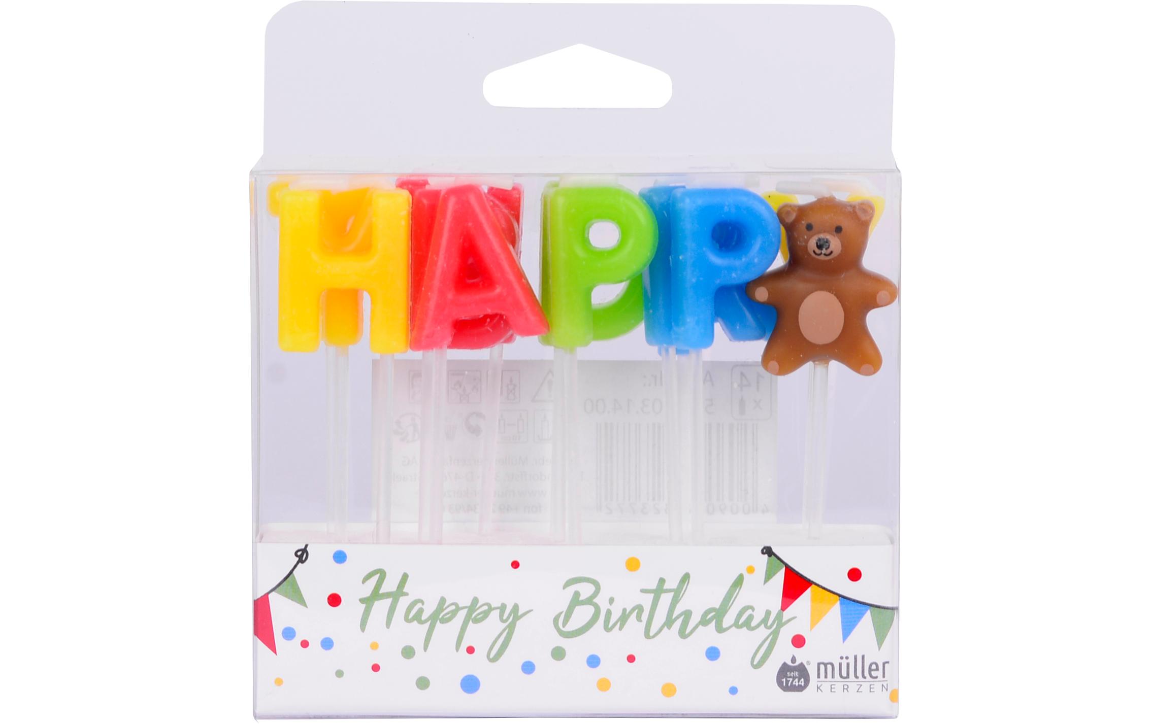Kerze «Happy Birthday» 14-teiligBunte Geburtstagskerzen
