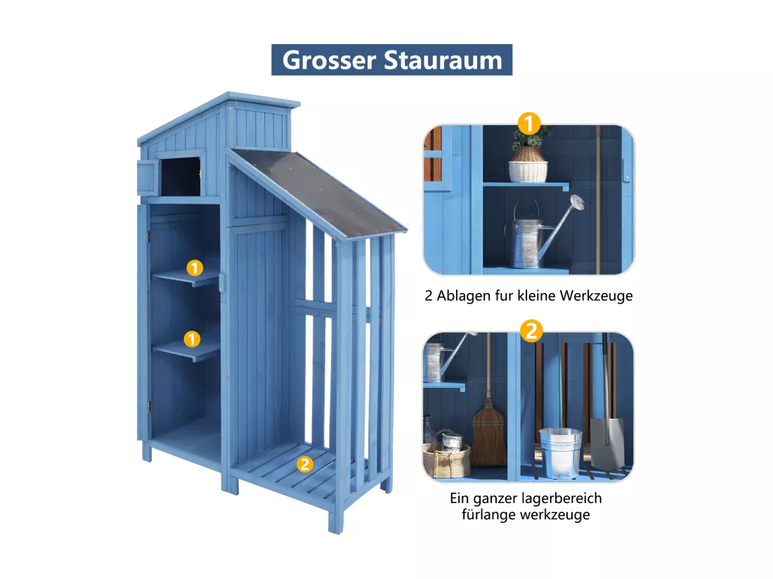 Abri de jardin en bois massif avec toit pente en PVC - 2 étagères 3 portes loquets - L124 x P46 x H174 cm - Bleu