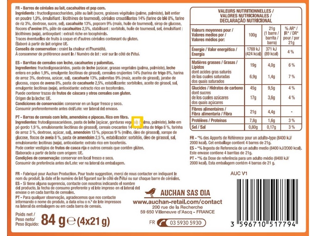 BARRAS DE CEREAIS AUCHAN AMENDOINS E PIPOCAS 4UN 84G