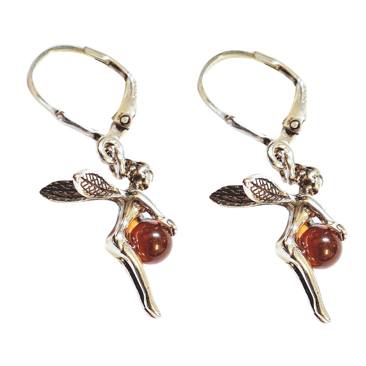 Boucles d'oreilles dormeuses fée perle d'ambre en argent 925°/00