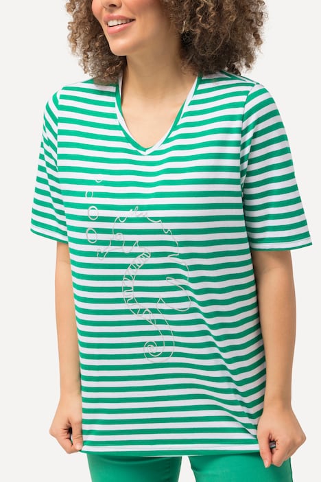 Shirt, Ringel, Metallic-Tier, V-Ausschnitt, Halbarm