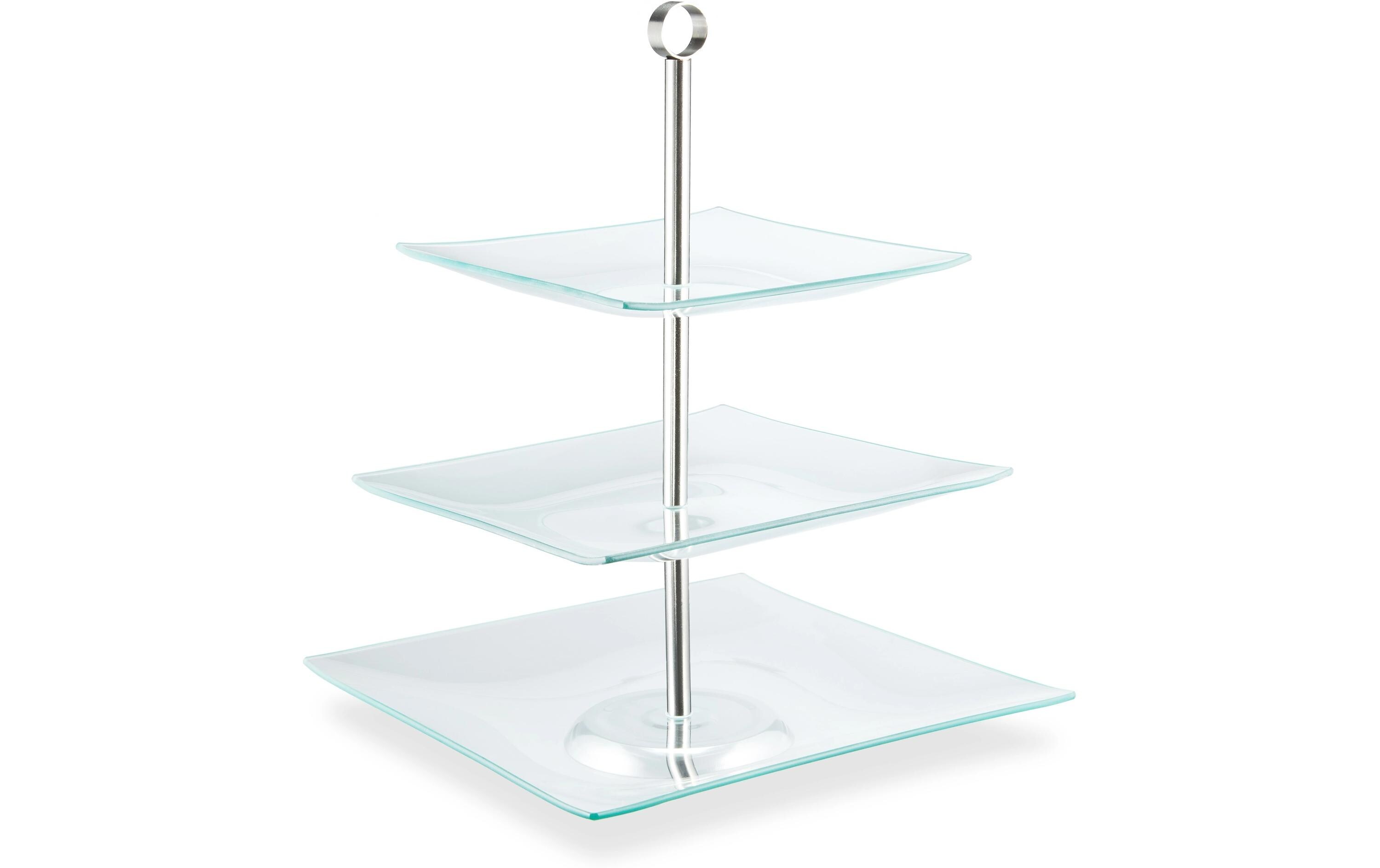 Etagere eckig, 3-stufig, Silber/TransparentServierständer aus Glas und Edelstahl