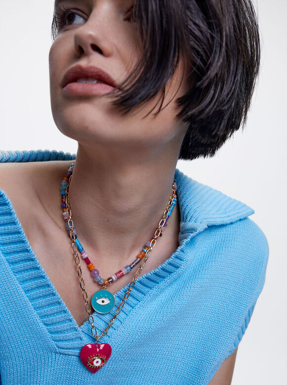 Conjunto de colar com pedra e pingentes - Multicolorido