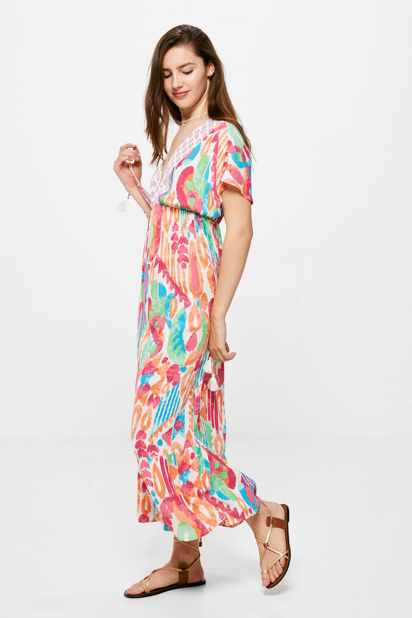 Vestido midi estampado com laços - Marrom