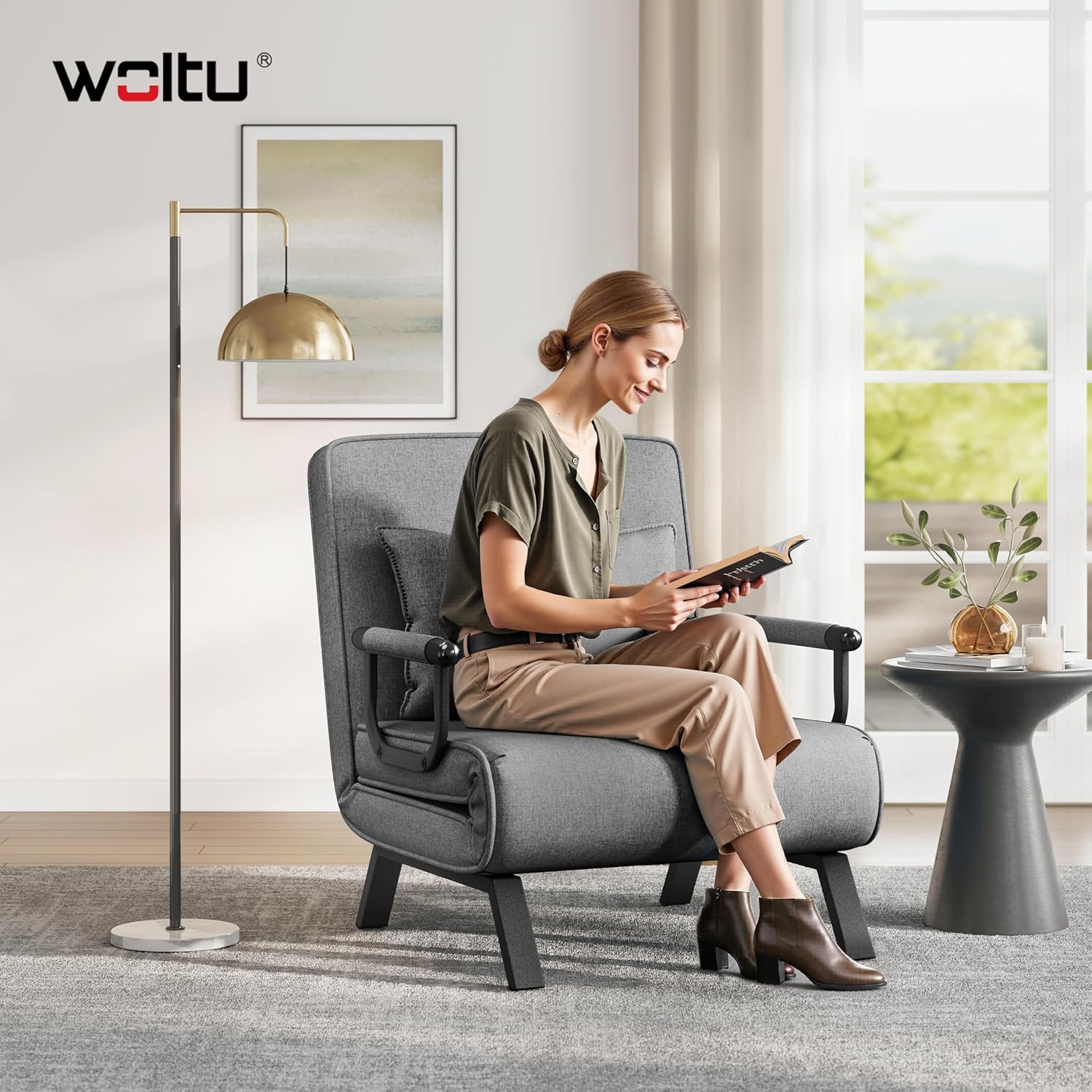 WOLTU Schlafsessel 3 in 1 mit bettfunktion, Gästebettfür, Schlafsofa mit Bettfunktion, Verstellbarer Rückenlehne, Wohnzimmer, Schlafzimmer, Balkon, Metallrahmen Leinen, 80 x 82 x 74 cm, Dunkelgrau