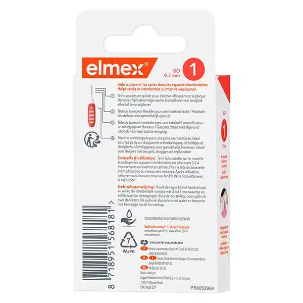 Elmex - Escovas Interdentais Tamanho 1 - 0,7 mm - Pacote com 8 escovas