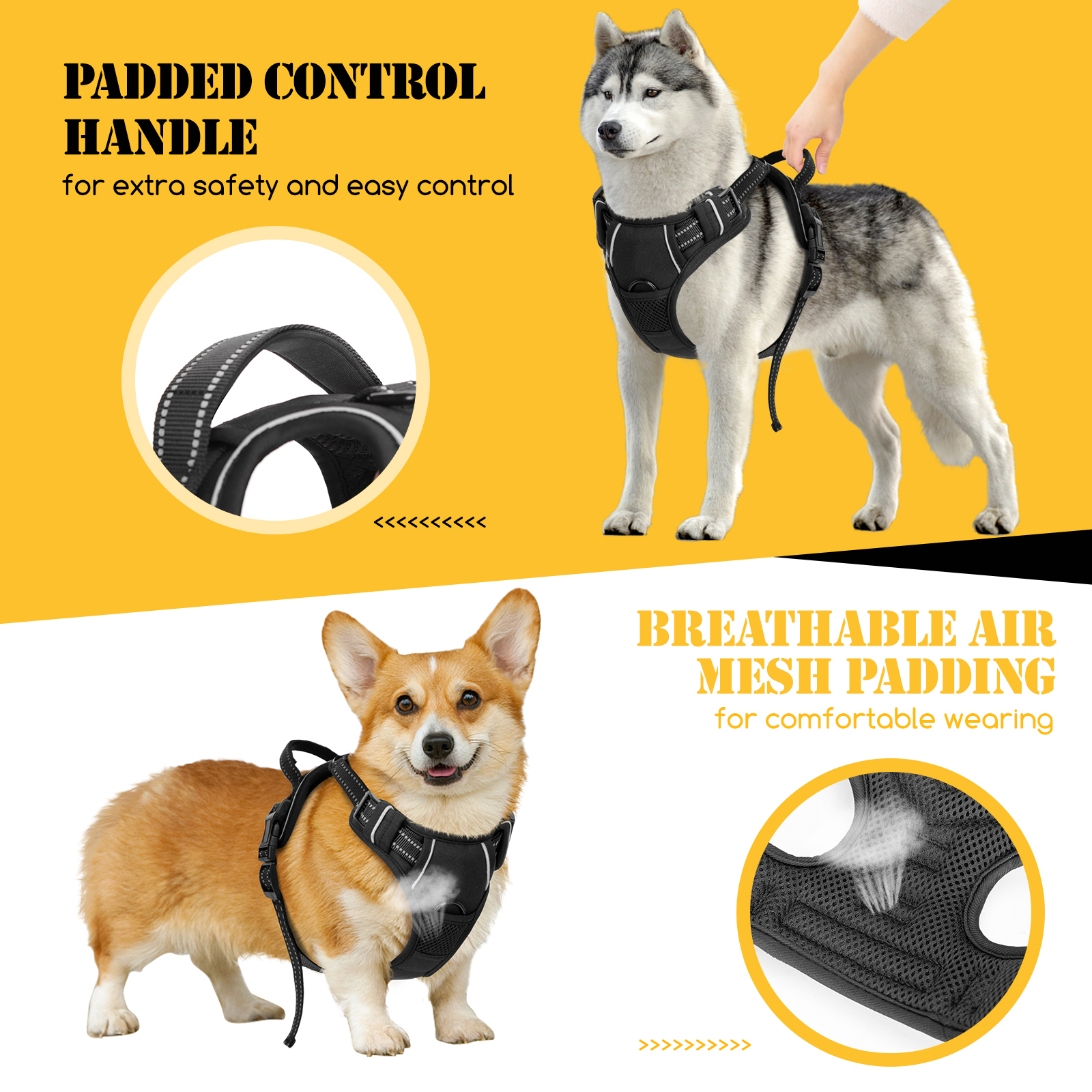 Nobleza - Coleira peitoral para cães de pequeno porte, modelo anti-puxão com detalhes refletivos.