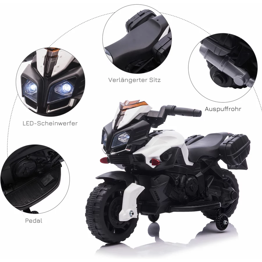 HOMCOM Elektrisches Motorrad für Kinder mit Hupe und Scheinwerfer weiß und schwarz