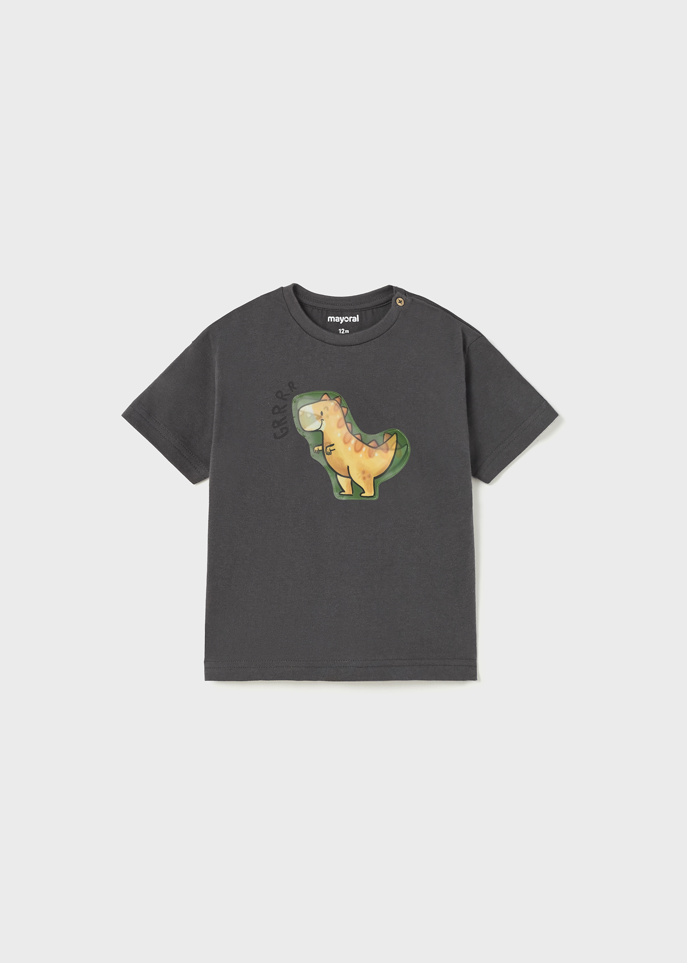 Camiseta infantil de algodão de manga curta com estampa interativa.