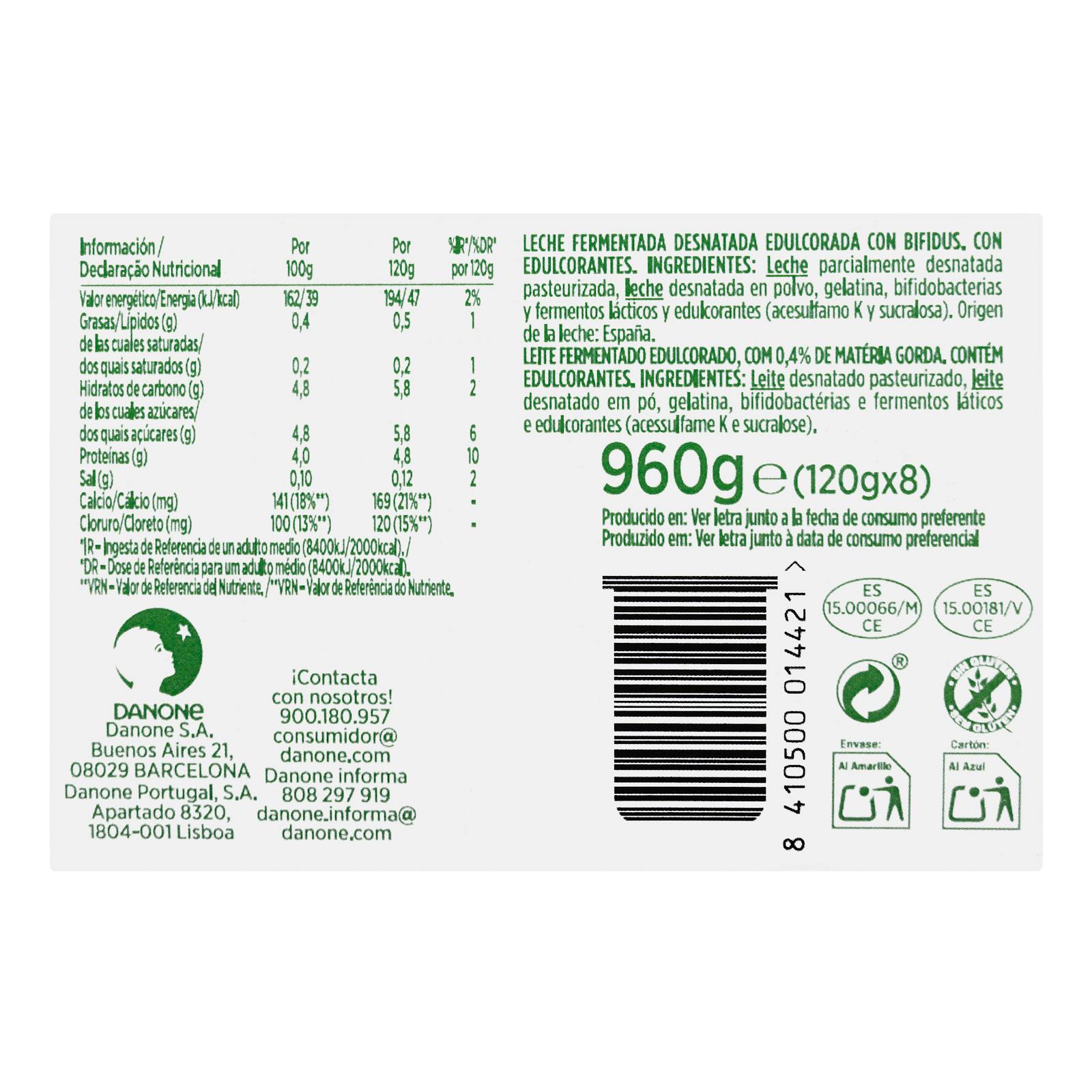 Bifidus écrémé naturel sucré Activia zéro mg