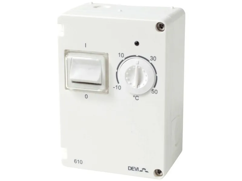 DEVIreg 610 termostat IP44 10 A 2-pol, område (-10°C til  50°C) m dobbelt isololeret lednings føler