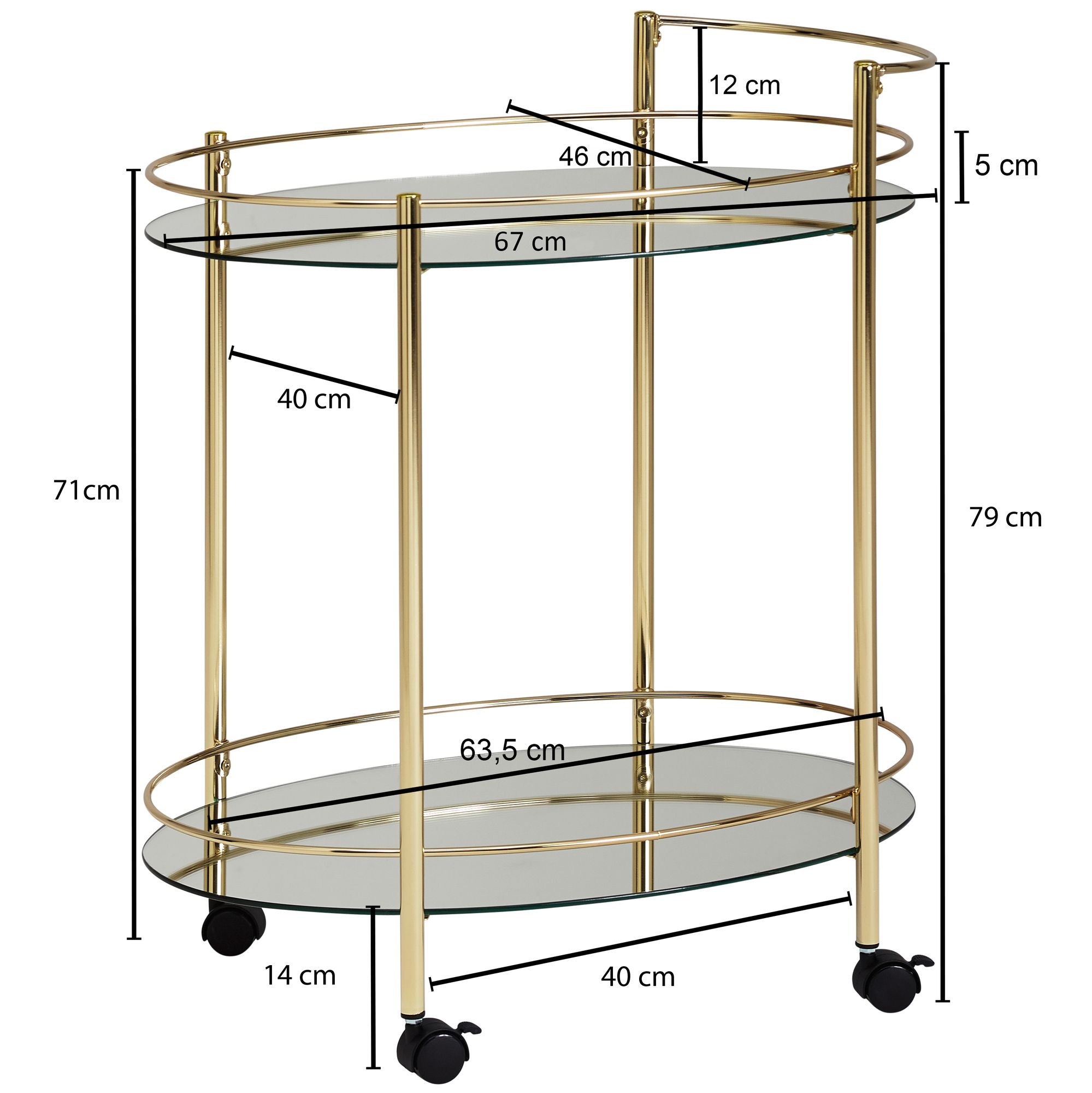FineBuy Servierwagen Gold Beistelltisch auf Rollen Glas Speisewagen Teewagen