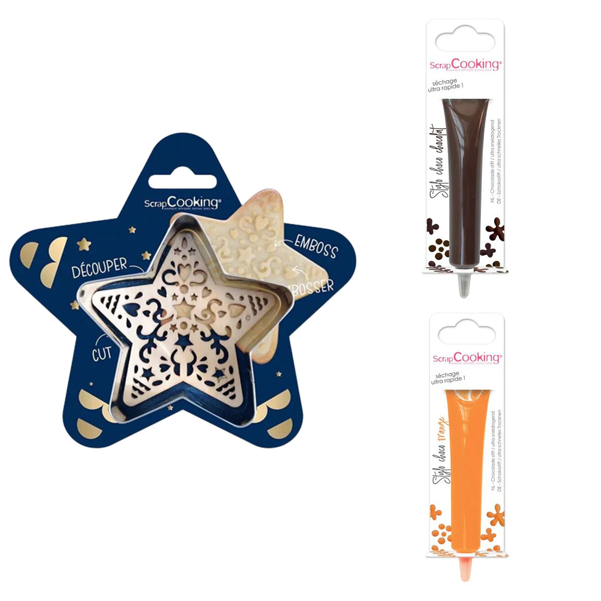 Kit pour biscuit en relief Étoile + 2 Stylos au chocolat marron et ora