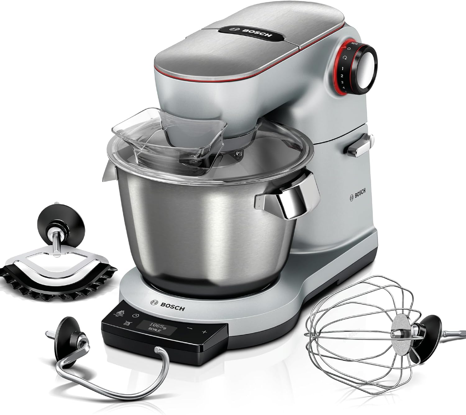 Bosch Küchenmaschine OptiMUM, 3 Automatikprogramme, Edelstahl-Schüssel 5,5 L, spülmaschinenfest, integrierte Waage, Timer, Profi-Knethaken, besen, 7 Stufen, 1500 W, silber, MUM9AX5S00