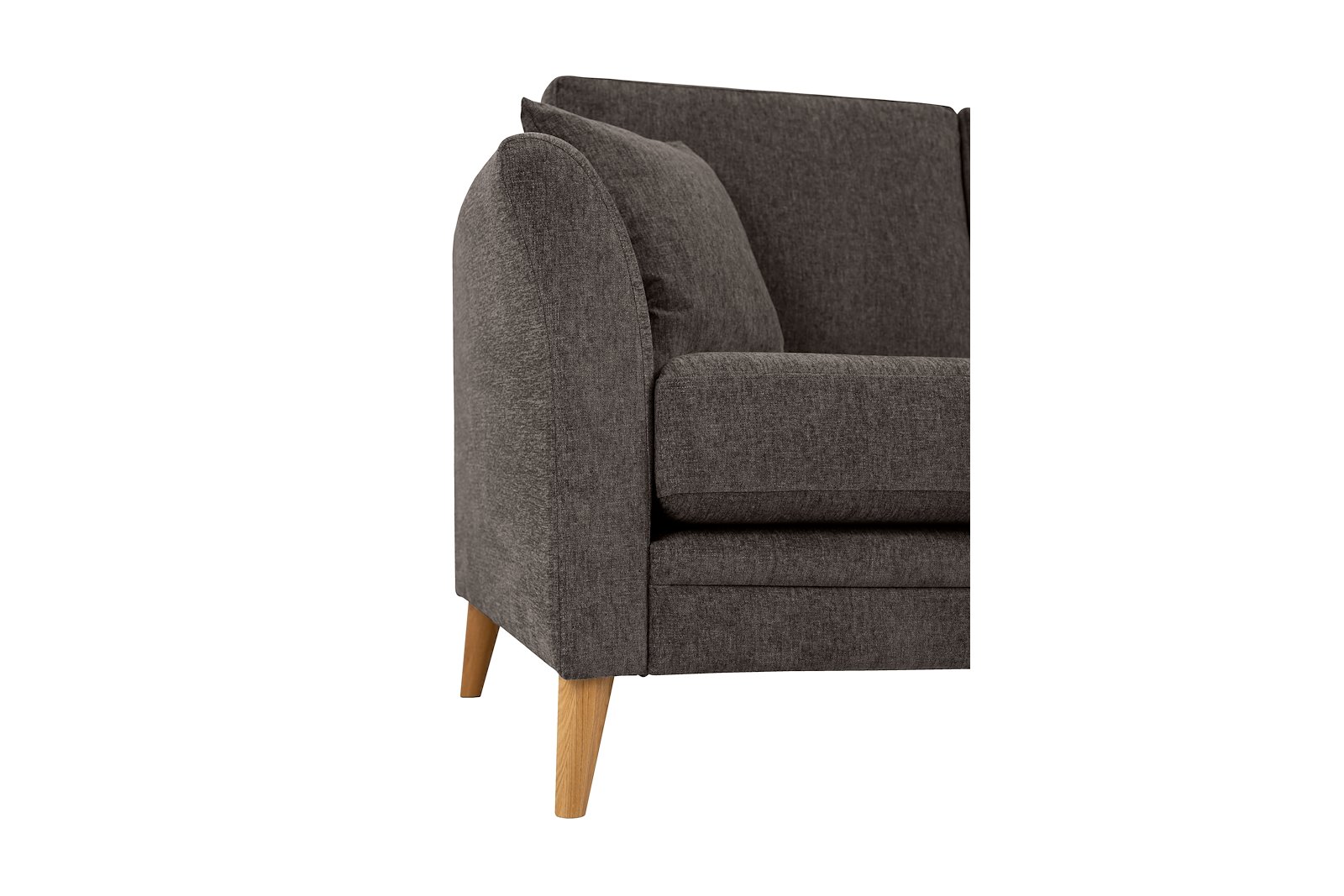 Eden hjørnesofa 2,5-seter med åpen ende høyre. Tekstil Thor 5 Brown med ben i eik natur (15137).