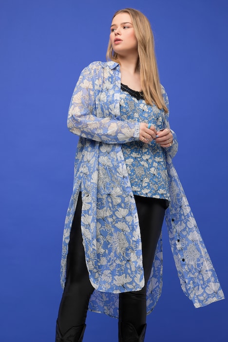 Longbluse, Chiffon, Flower Print, Hemdkragen, Langarm